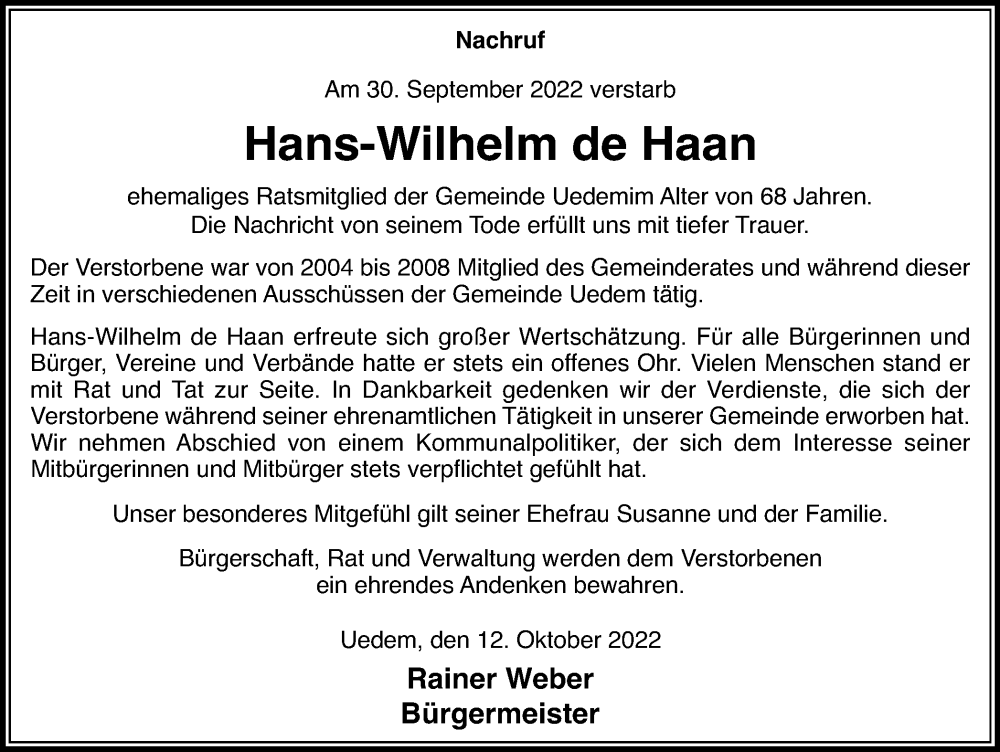  Traueranzeige für Hans-Wilhelm de Haan vom 15.10.2022 aus Tageszeitung