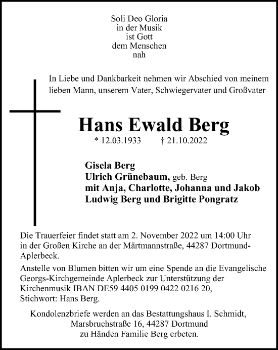 Traueranzeige von Hans Ewald Berg von Tageszeitung