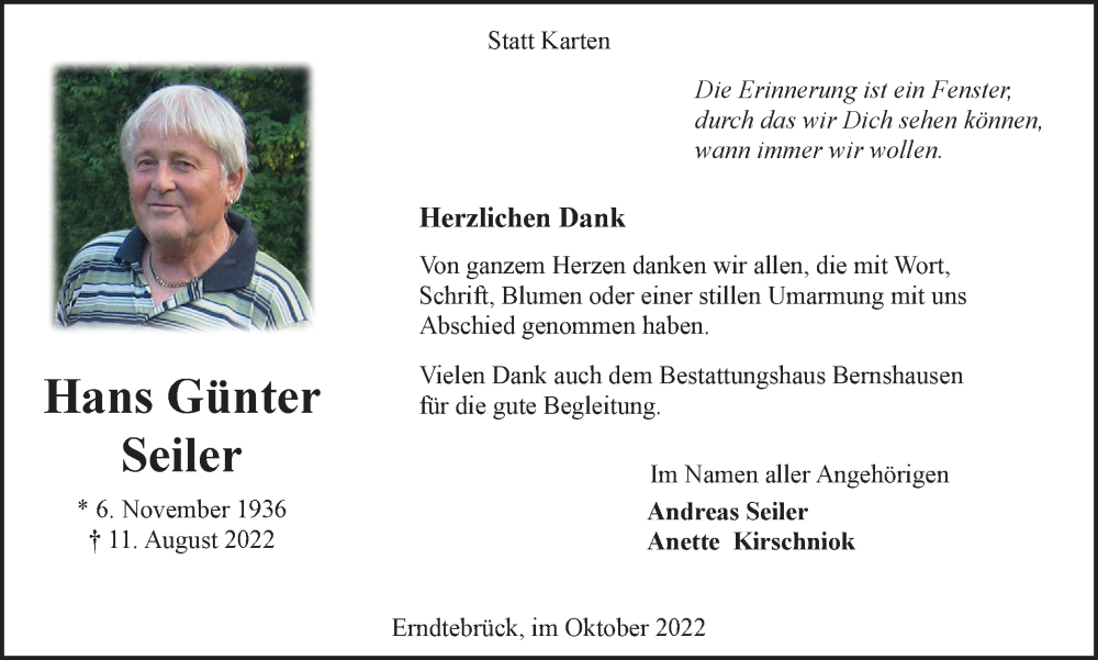  Traueranzeige für Hans Günter Seiler vom 15.10.2022 aus Tageszeitung