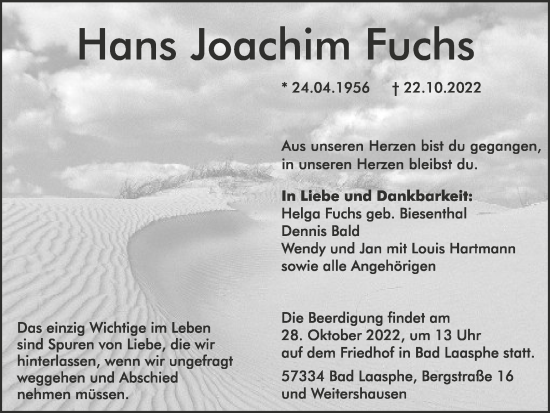 Traueranzeige von Hans Joachim Fuchs von Tageszeitung