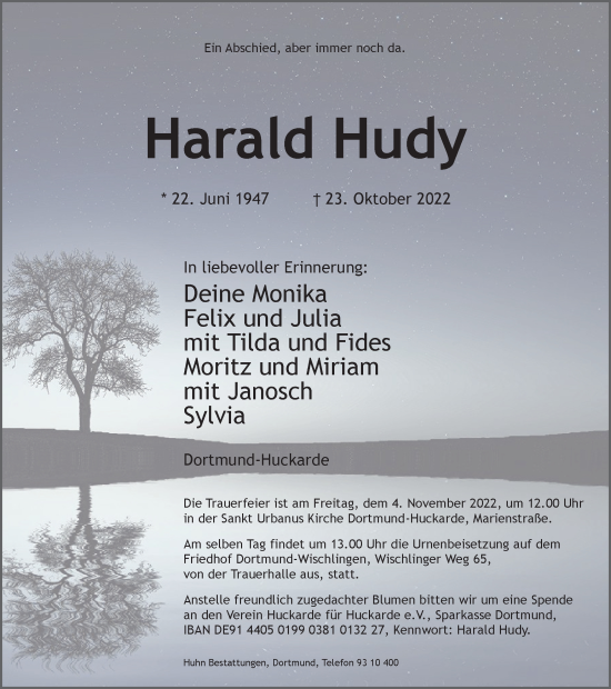 Traueranzeige von Harald Hudy von Tageszeitung
