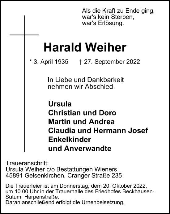 Traueranzeige von Harald Weiher von Tageszeitung