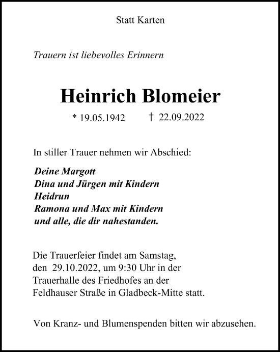Traueranzeige von Heinrich Blomeier von Tageszeitung