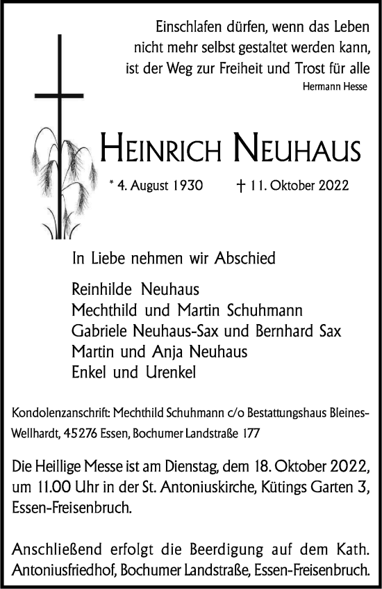 Traueranzeige von Heinrich Neuhaus von Tageszeitung
