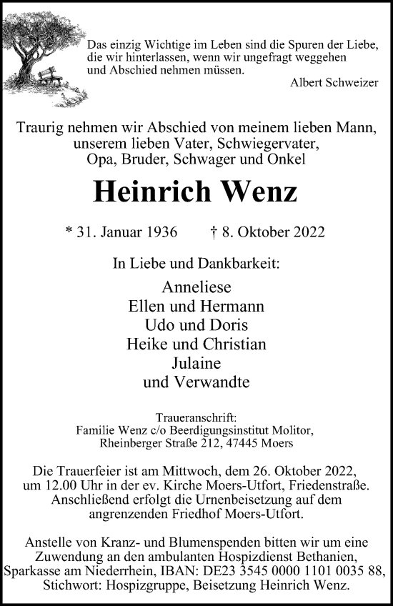 Traueranzeige von Heinrich Wenz von Tageszeitung