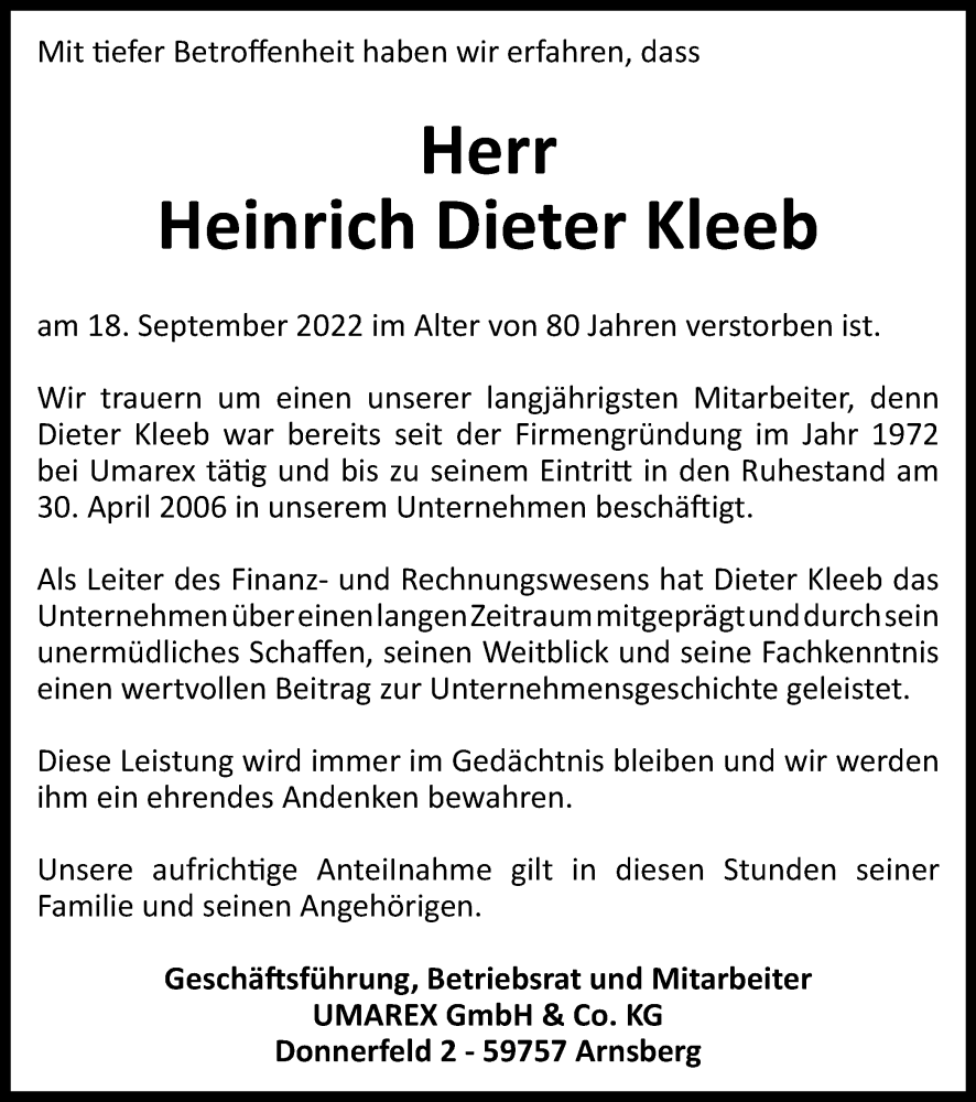  Traueranzeige für Heinrich Dieter Kleeb vom 15.10.2022 aus Tageszeitung