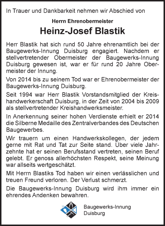 Traueranzeige von Heinz-Josef Blastik von Tageszeitung