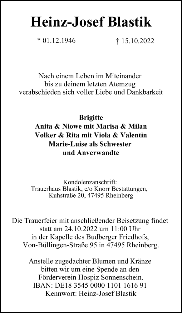  Traueranzeige für Heinz-Josef Blastik vom 20.10.2022 aus Tageszeitung