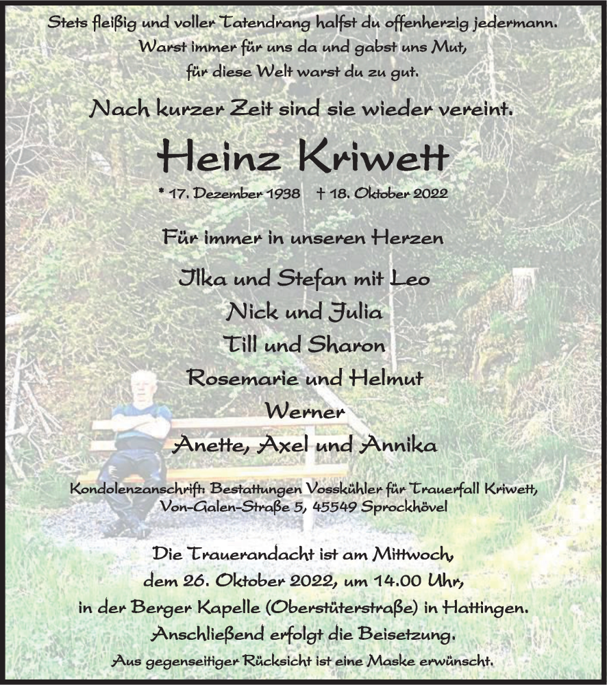  Traueranzeige für Heinz Kriwett vom 22.10.2022 aus Tageszeitung