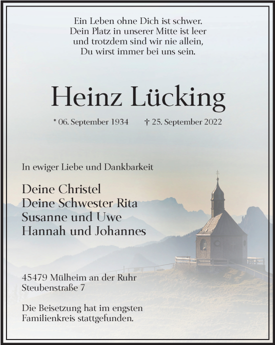 Traueranzeige von Heinz Lücking von Tageszeitung