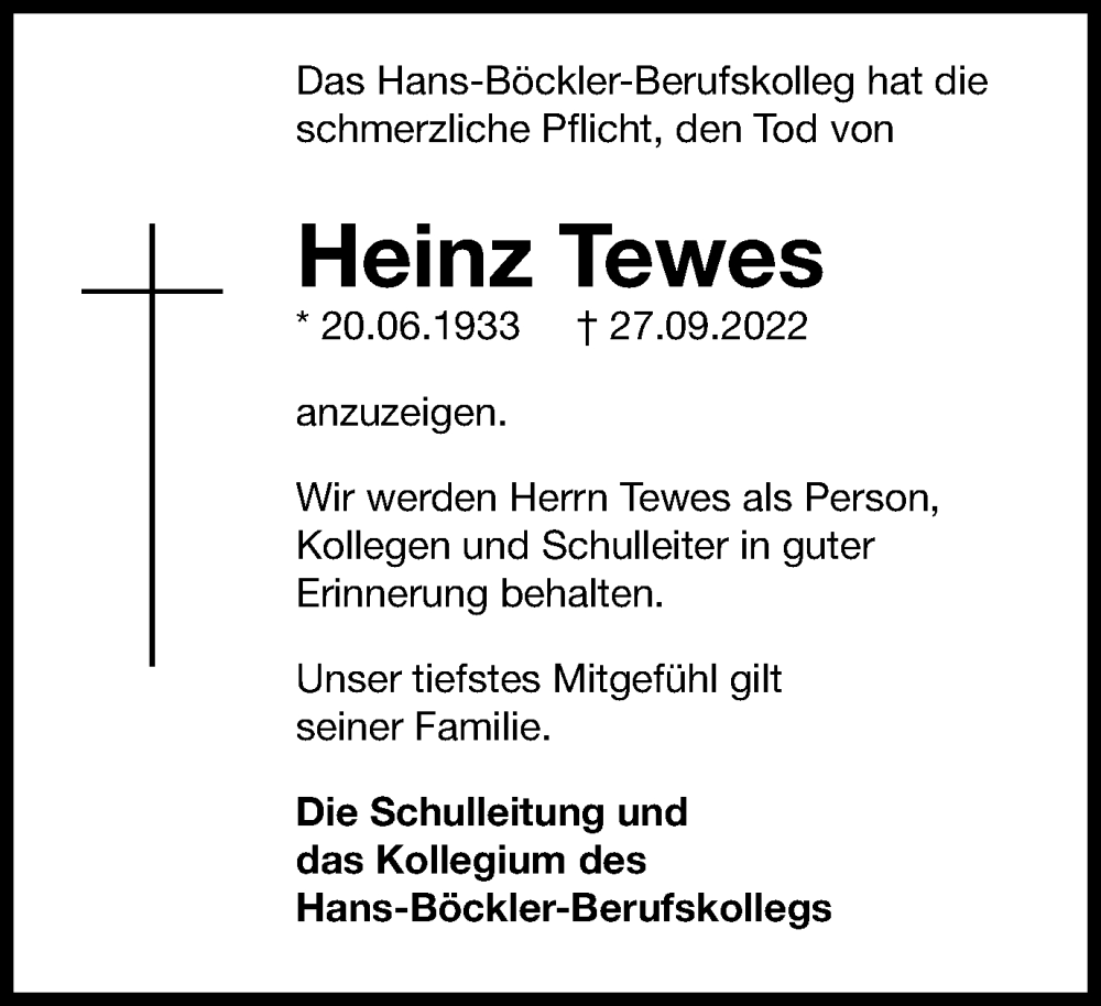  Traueranzeige für Heinz Tewes vom 29.10.2022 aus Tageszeitung