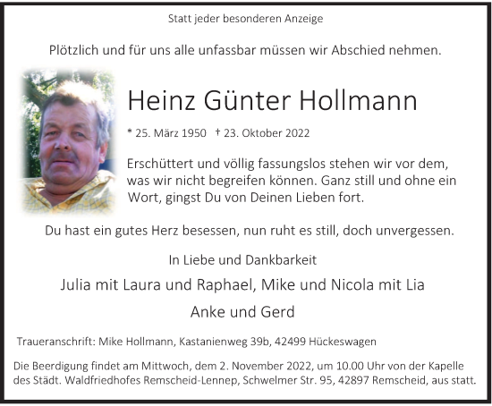 Traueranzeige von Heinz Günter Hollmann von Tageszeitung