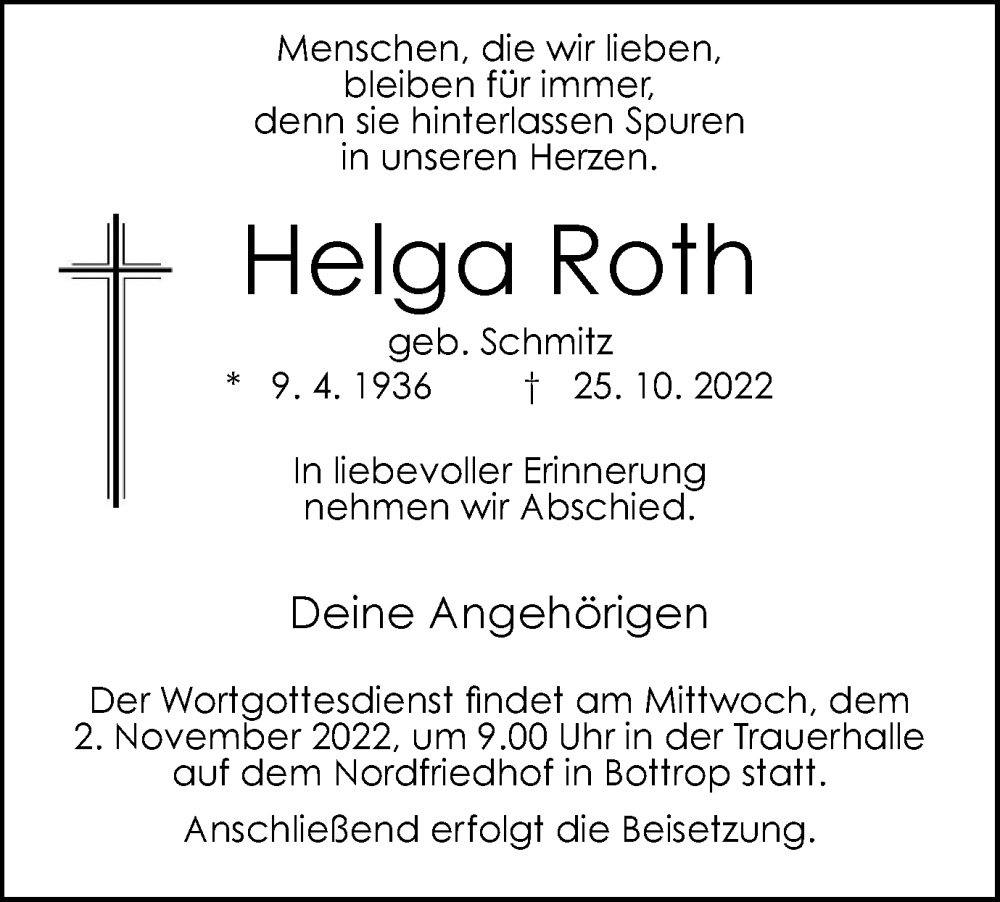  Traueranzeige für Helga Roth vom 29.10.2022 aus Tageszeitung