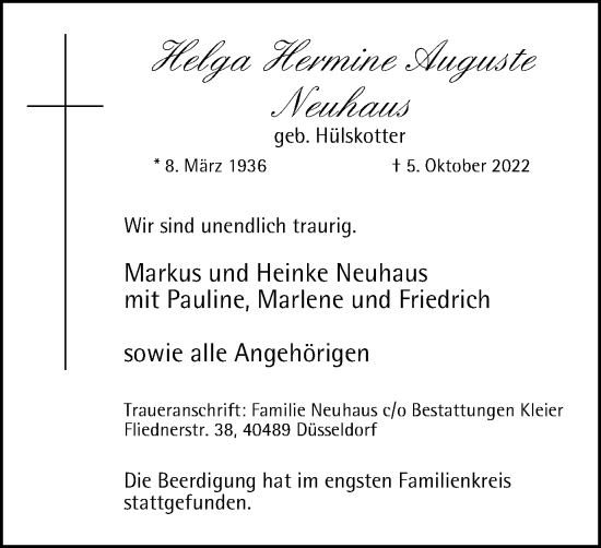Traueranzeige von Helga Hermine Auguste Neuhaus von Tageszeitung