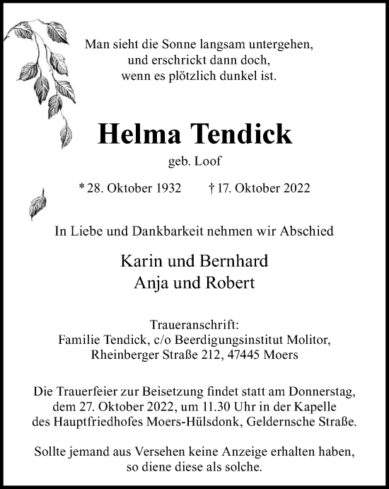 Traueranzeige von Helma Tendick von Tageszeitung