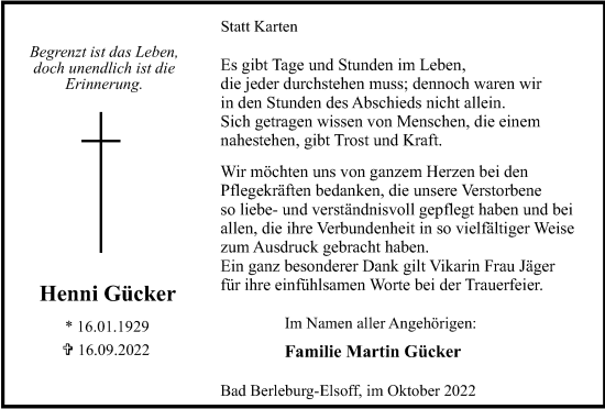 Traueranzeige von Henni Gücker von Tageszeitung