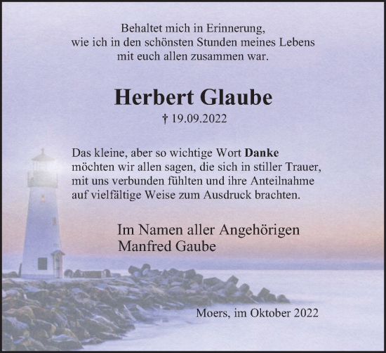 Traueranzeige von Herbert Glaube von Tageszeitung