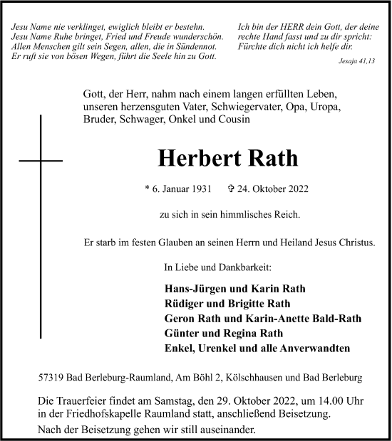 Traueranzeige von Herbert Rath von Tageszeitung