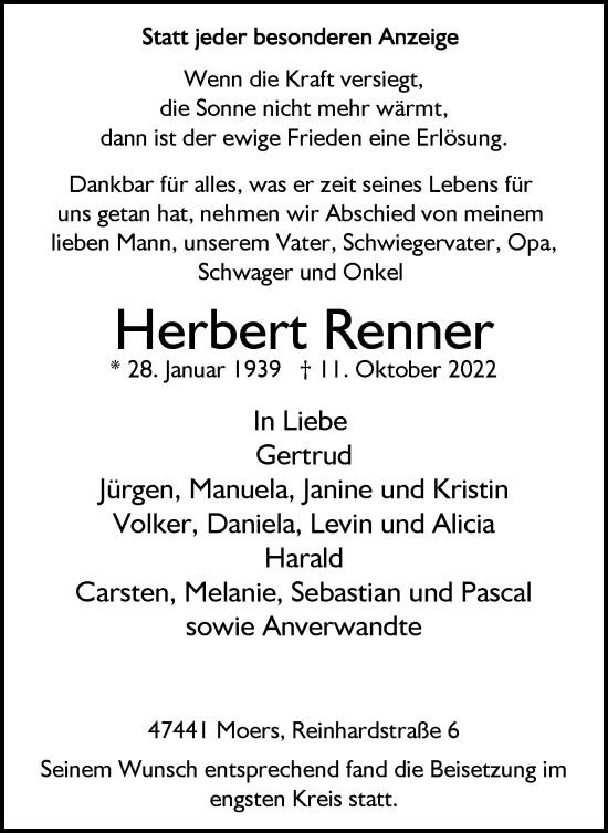 Traueranzeige von Herbert Renner von Tageszeitung