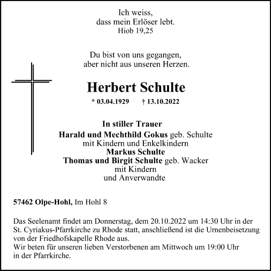 Traueranzeige von Herbert Schulte von Tageszeitung