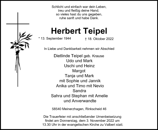 Traueranzeige von Herbert Teipel von Tageszeitung