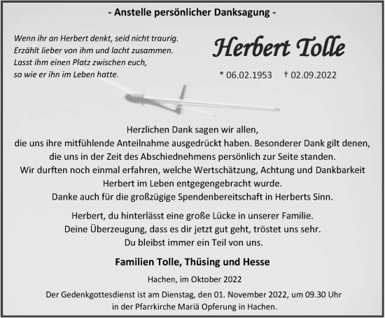 Traueranzeige von Herbert Tolle von Tageszeitung