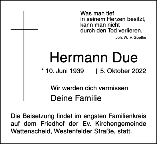 Traueranzeige von Hermann Due von Anzeigenblätter/Lokalkompass