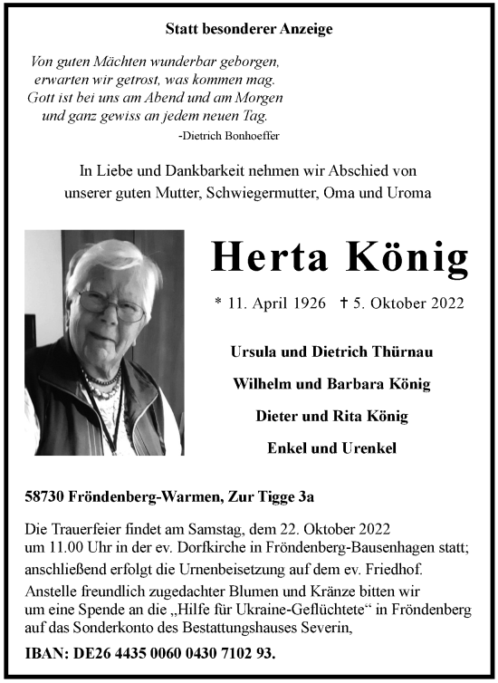 Traueranzeige von Herta König von Anzeigenblätter/Lokalkompass