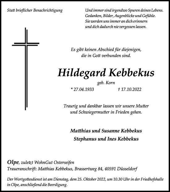 Traueranzeige von Hildegard Kebbekus von Tageszeitung