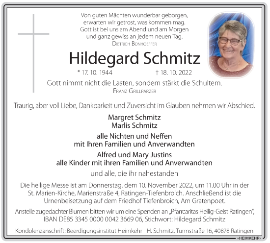Traueranzeige von Hildegard Schmitz von Tageszeitung
