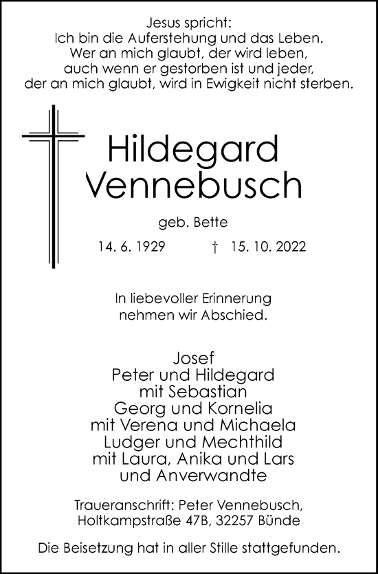 Traueranzeige von Hildegard Vennebusch von Tageszeitung