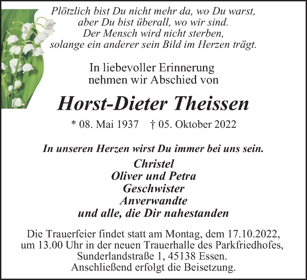  Traueranzeige für Horst-Dieter Theissen vom 15.10.2022 aus Tageszeitung