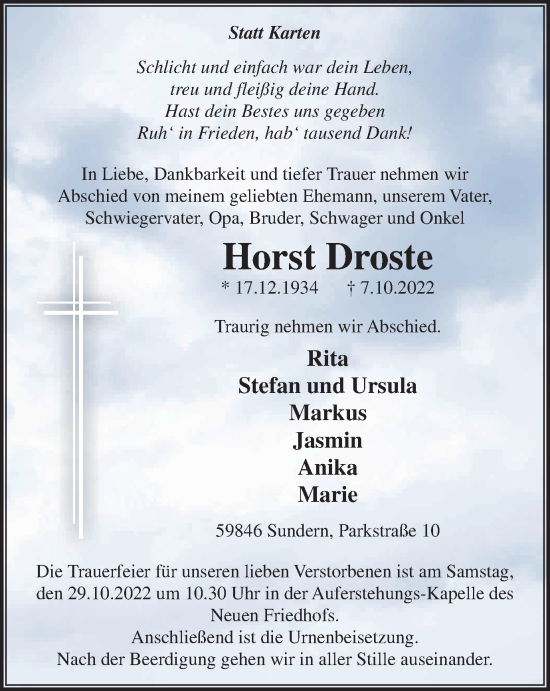 Traueranzeige von Horst Droste von Tageszeitung