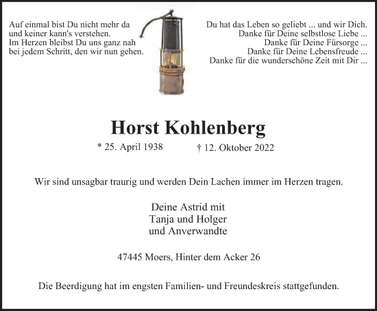 Traueranzeige von Horst Kohlenberg von Tageszeitung