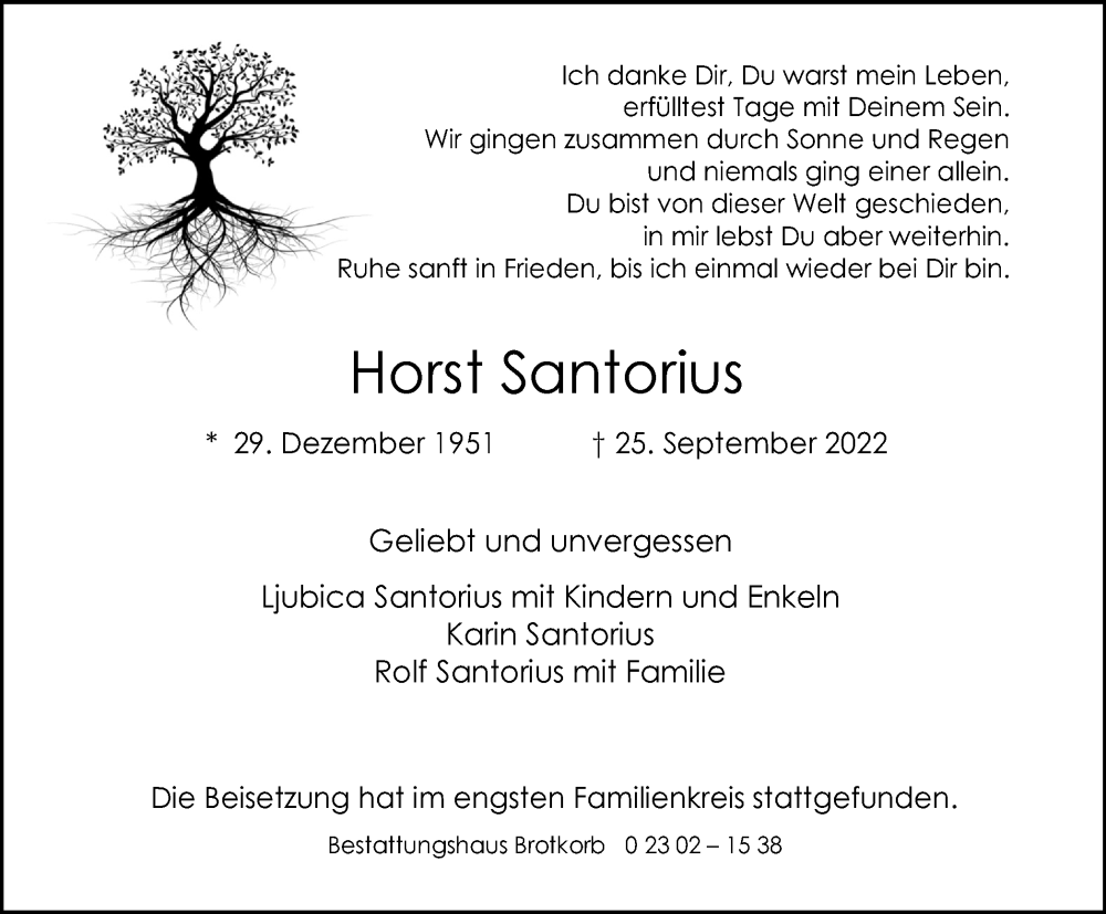  Traueranzeige für Horst Santorius vom 15.10.2022 aus Tageszeitung