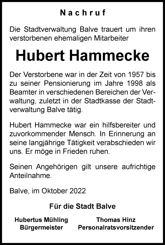 Traueranzeige von Hubert Hammecke von Tageszeitung