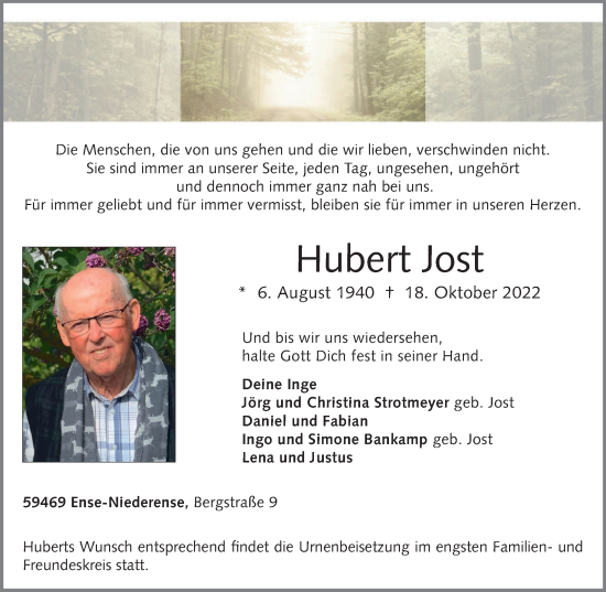 Traueranzeige von Hubert Jost von Tageszeitung