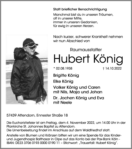 Traueranzeige von Hubert König von Tageszeitung