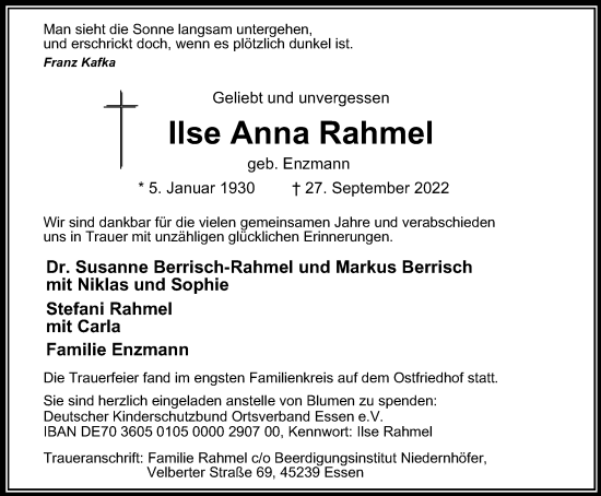 Traueranzeige von Ilse Anna Rahmel von Tageszeitung