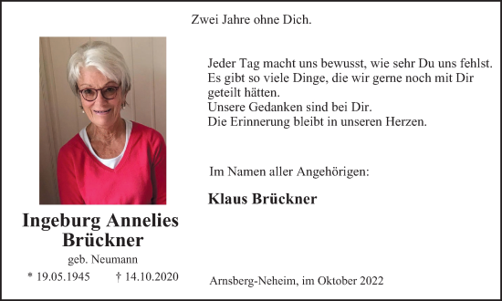 Traueranzeige von Ingeburg Annelies Brückner von Tageszeitung