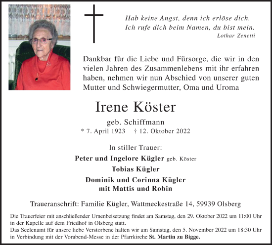 Traueranzeige von Irene Köster von Tageszeitung