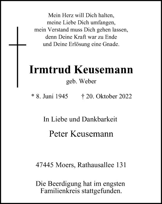 Traueranzeige von Irmtrud Keusemann von Tageszeitung