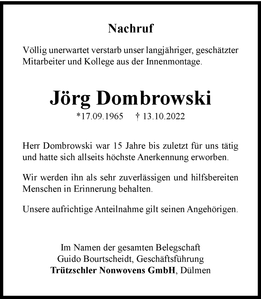  Traueranzeige für Jörg Dombrowski vom 27.10.2022 aus Tageszeitung