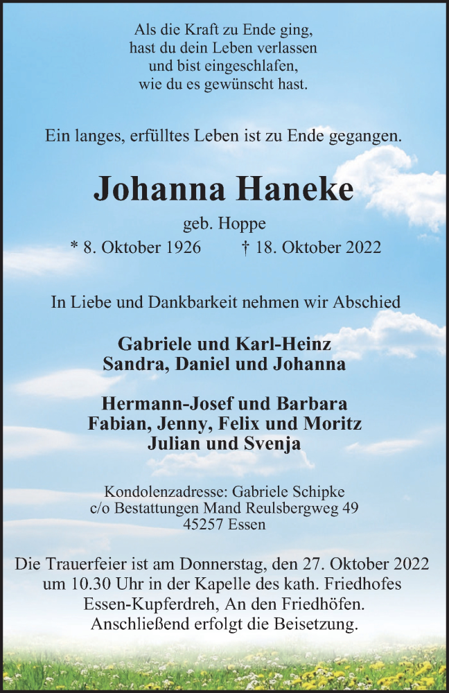  Traueranzeige für Johanna Haneke vom 22.10.2022 aus Tageszeitung