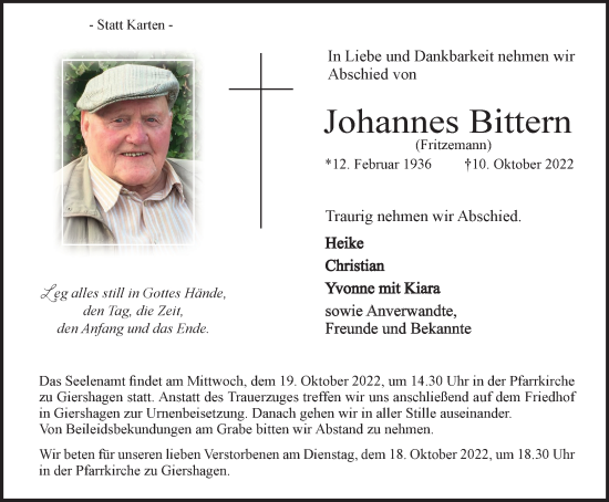 Traueranzeige von Johannes Bittern von Tageszeitung