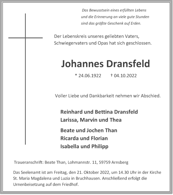 Traueranzeige von Johannes Dransfeld von Tageszeitung