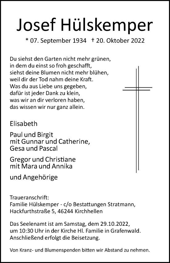 Traueranzeige von Josef Hülskemper von Tageszeitung