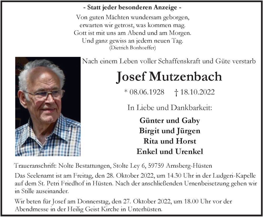  Traueranzeige für Josef Mutzenbach vom 22.10.2022 aus Tageszeitung