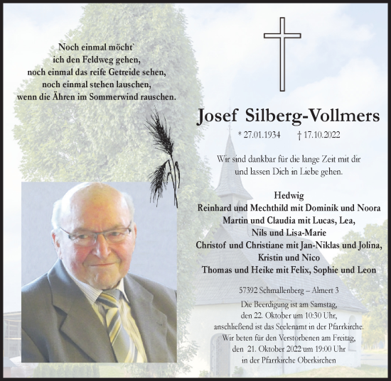 Traueranzeige von Josef Silberg-Vollmers von Tageszeitung