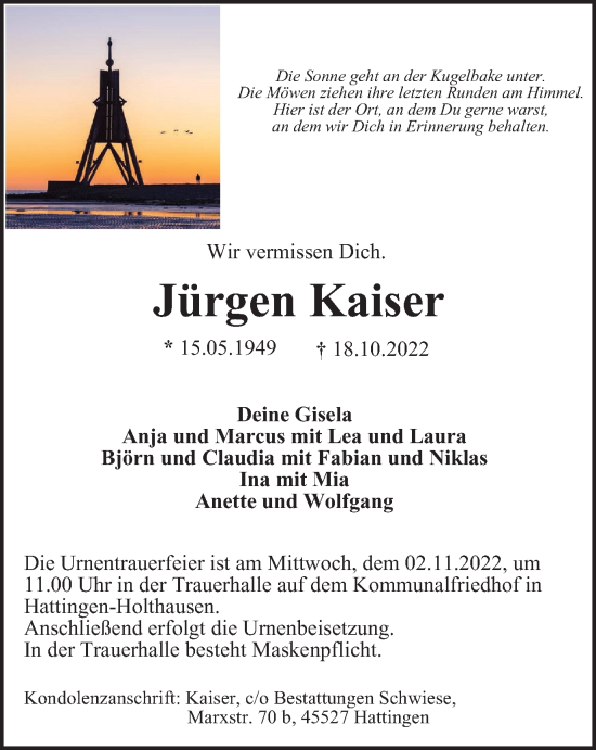 Traueranzeige von Jürgen Kaiser von Tageszeitung
